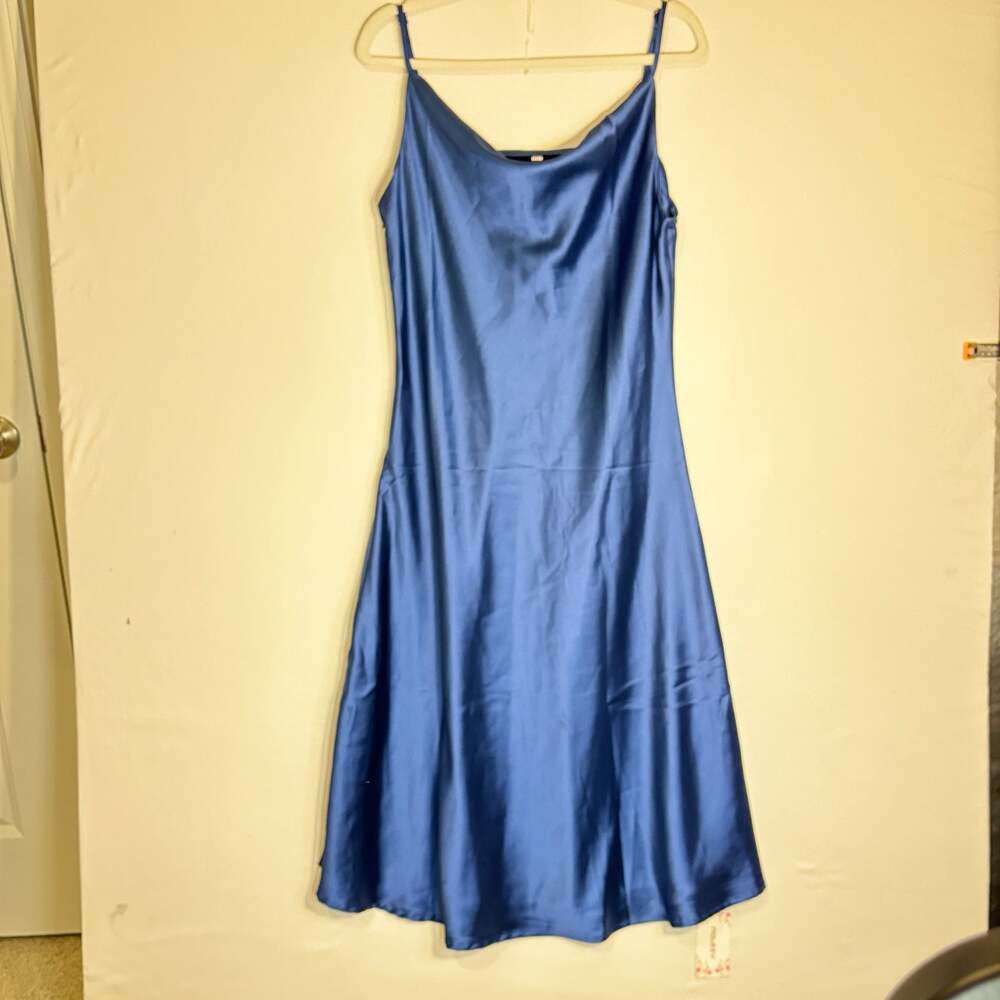 MOUFEY Blue Satin Cowl Neck Spaghetti Strap Midi Slip Dress Size L